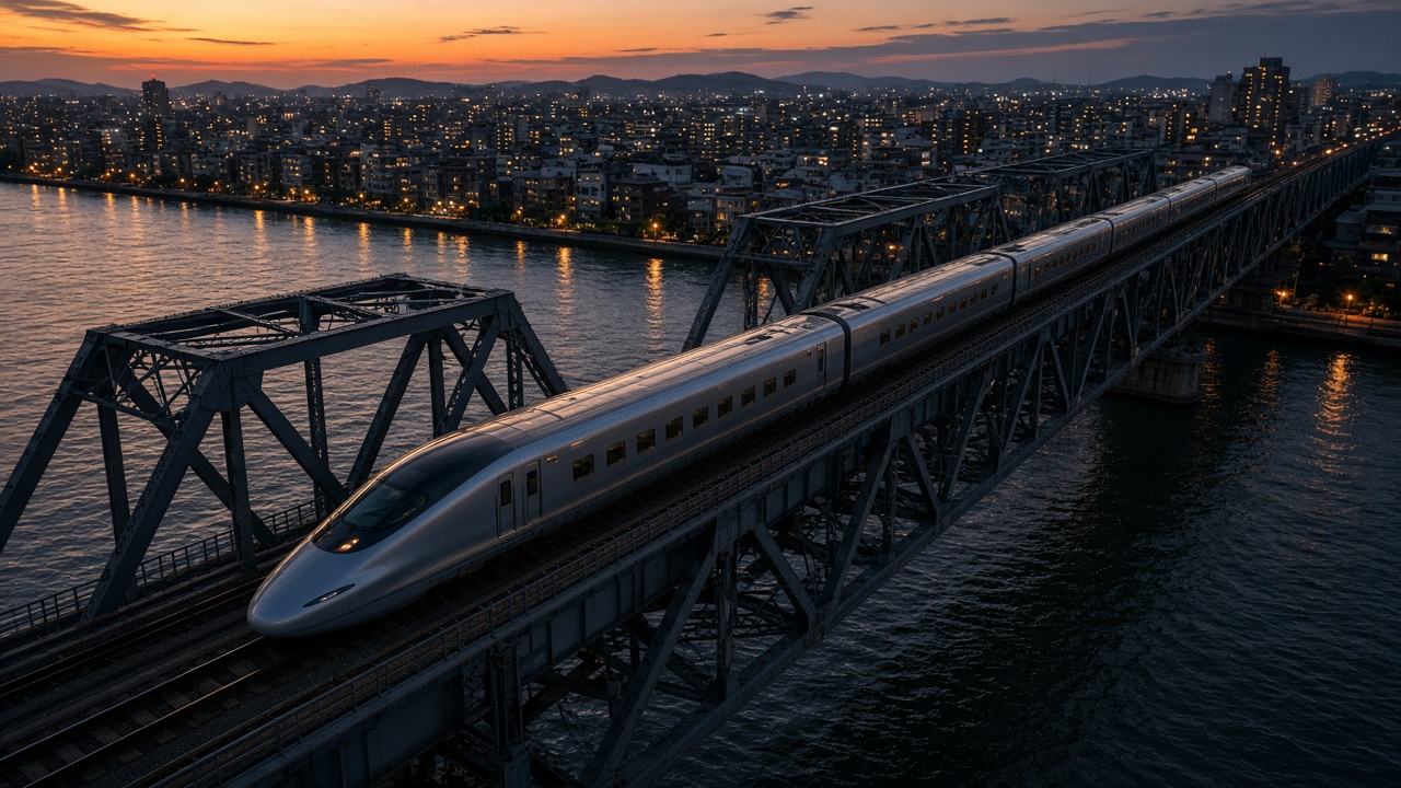 A high-speed train crossing a concrete river viaduct