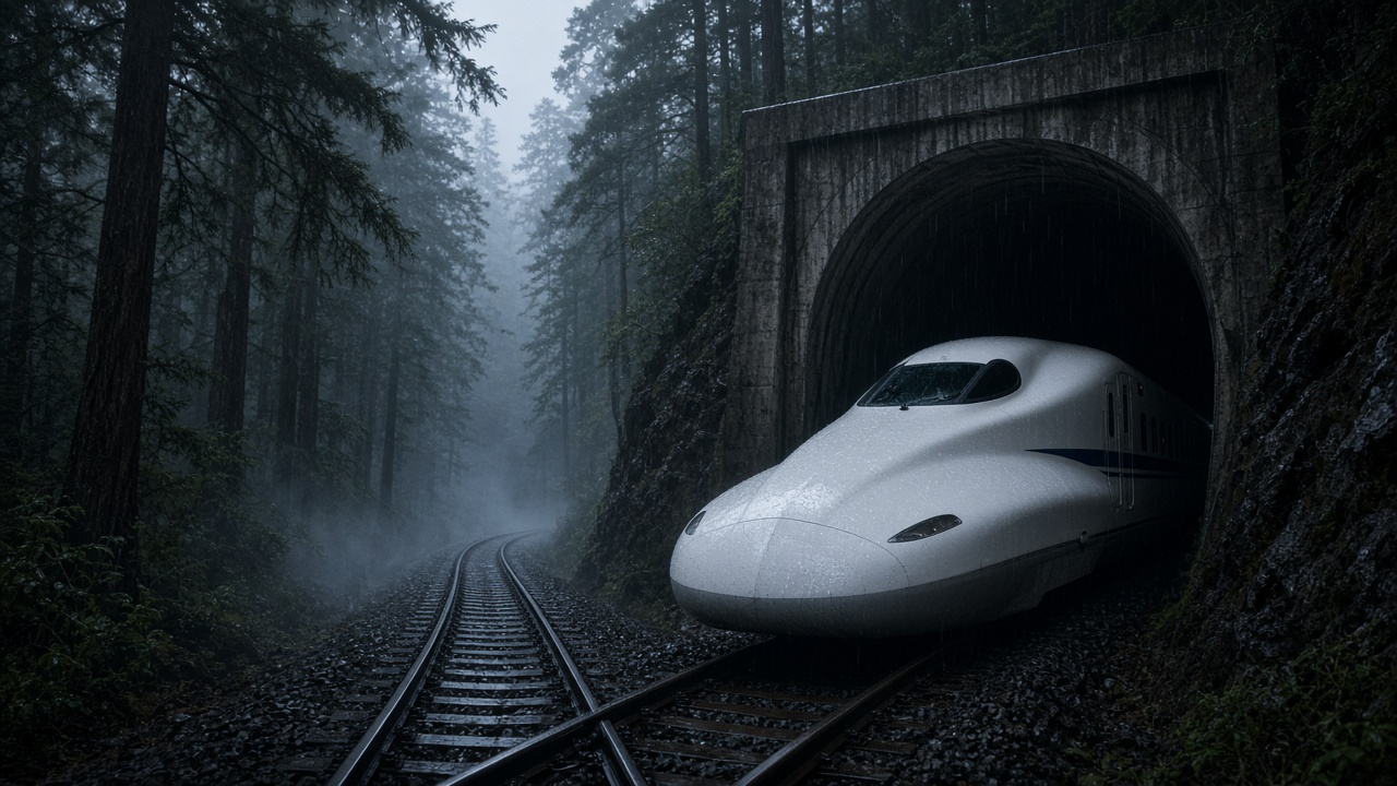 A white high-speed train crossing open farmland under a pale sky